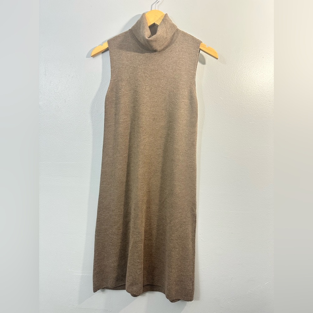 Bloomingdales Womens S 100% Wool Camel Turtleneck Midi Sweater Dress Minimalist